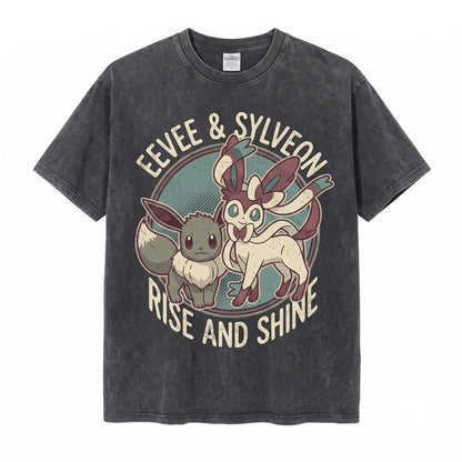 Vintage Sylveon and Eevee Washed Cute Fairy Fox Evolution Graphic Kawaii Anime Oversized Apparel Unisex TShirt