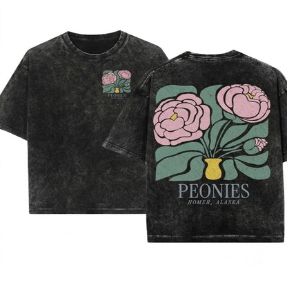 Peonies Floral Graphic Vintage Peony Flower Printed Top Unisex Wash T-Shirt