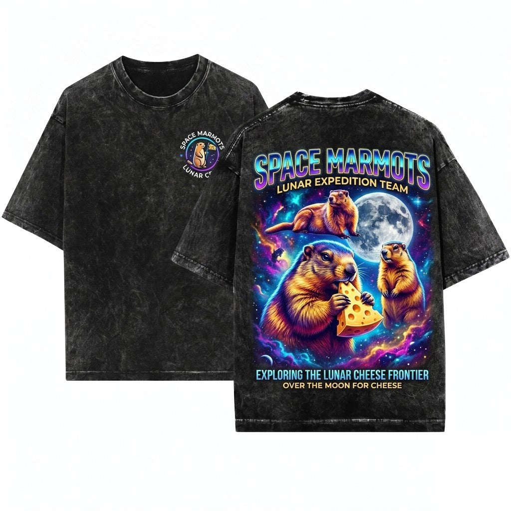 Three Marmot Moon Vintage Retro Graphic Oversized Funny Cute Rodent Prairie Dog Animal Gift Unisex Wash T-Shirt
