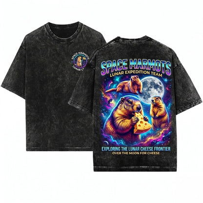 Three Marmot Moon Vintage Retro Graphic Oversized Funny Cute Rodent Prairie Dog Animal Gift Unisex Wash T-Shirt
