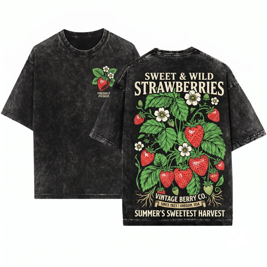 Vintage Strawberry Botanical Berry Garden Cottagecore Farmhouse Fruit Nature Unisex Wash T-Shirt