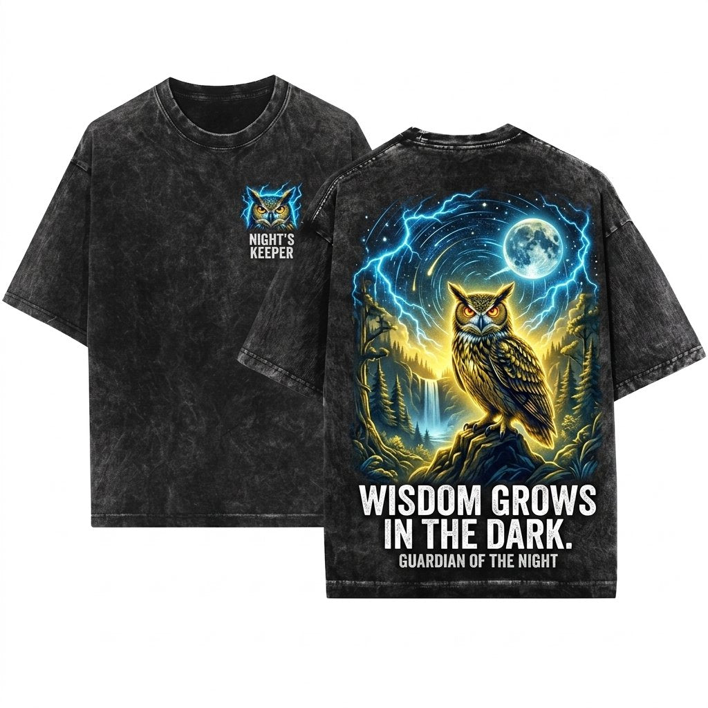 Retro Dark Forest Great Horned Owl Lover Graphic Gift Unisex Wash T-Shirt