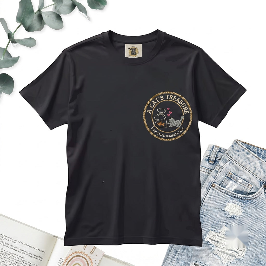 Embroidered Kitten and Goldfish Cute Cat Heavyweight Garment-Dyed Cotton Crewneck Unisex TShirt