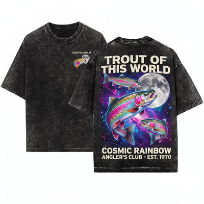 Three Rainbow Trout Moon Oncorhynchus Mykiss Galaxy Fishing Hobbyist Retro Angler Graphic Gift Unisex Wash T-Shirt