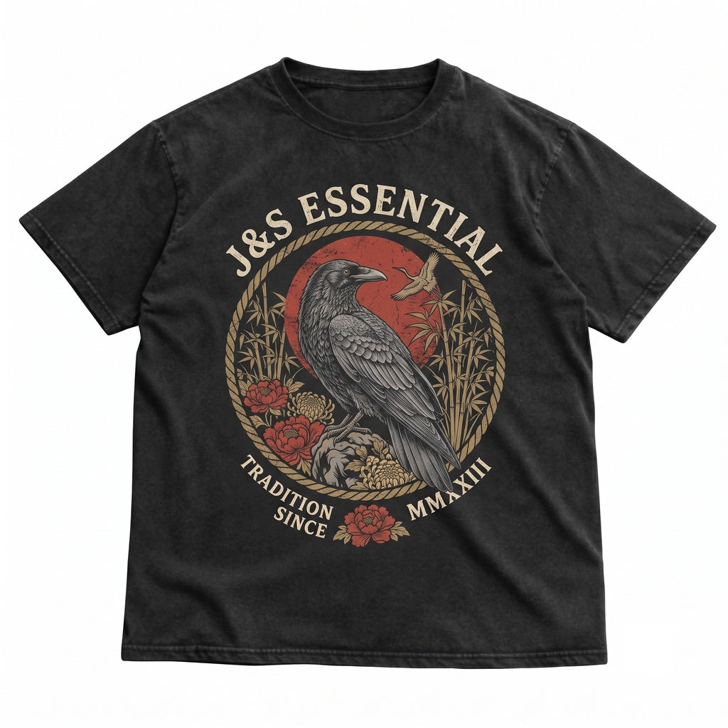 Vintage Japanese Raven Crow Graphic Art Red Sun Botanical Aesthetic Bird Apparel Unisex TShirt