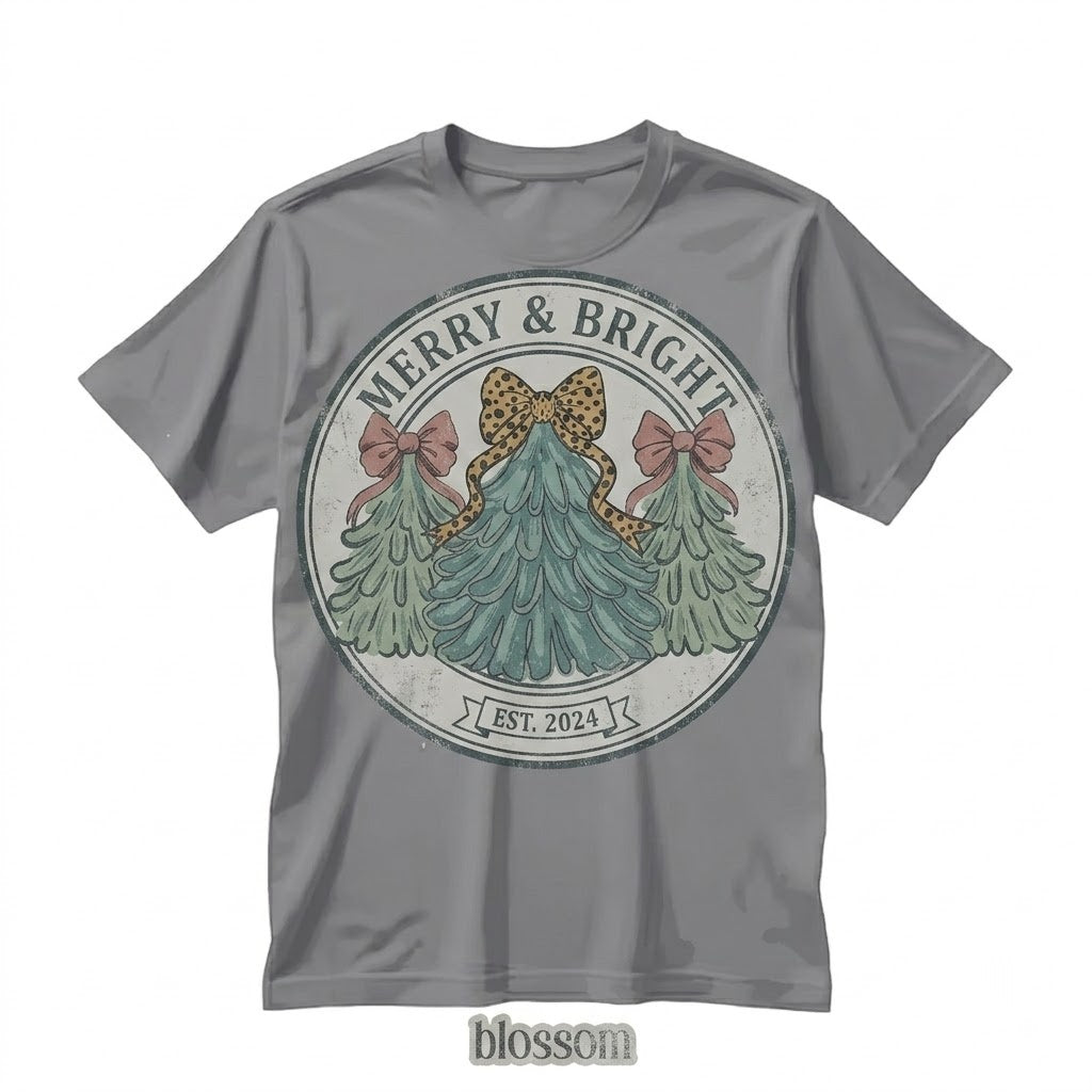 Pink Merry & Bright Xmas Tree Festive Bow Lights Cute Jolly Holiday Christmas Unisex TShirt