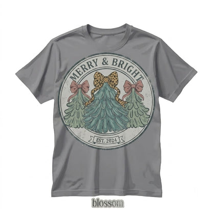 Pink Merry & Bright Xmas Tree Festive Bow Lights Cute Jolly Holiday Christmas Unisex TShirt