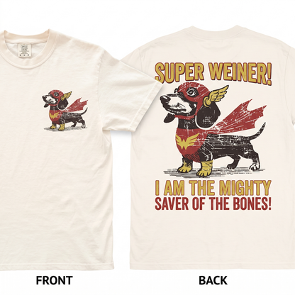 Dachshund Superhero Graphic Tee - Funny Wiener Dog Comic Fan Nerdy Pet Humor Gift Unisex Heavyweight Garment-Dyed T-Shirt