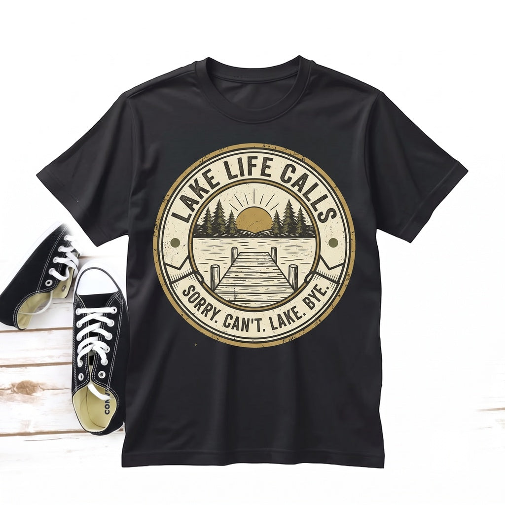 Sorry Cant Lake Bye Funny Vacation Travel Graphic Apparel, Outdoor Summer Pontoon Boating Gift, Cotton Short Sleeve Unisex TShirt