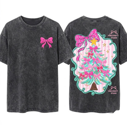 Glitter Pink Gingerbread Snowman Santa Nutcracker Coquette Tree Candy Christmas PNG Bundle Graphic Unisex Wash T-Shirt
