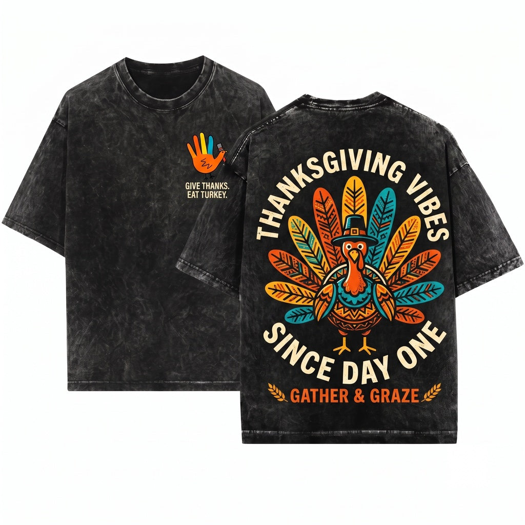 Retro Happy Thankful Grateful Blessed Funny Autumn Fall Thanksgiving Unisex Wash T-Shirt