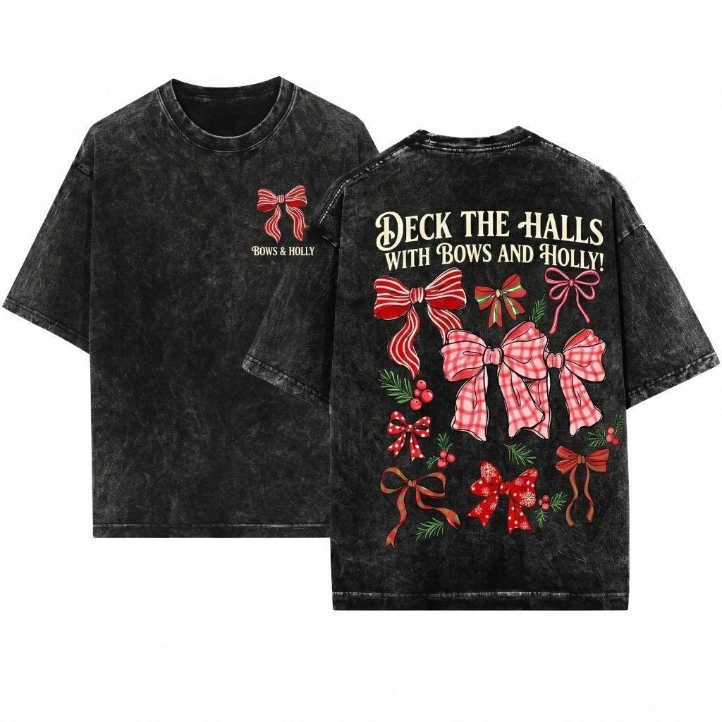 Retro Plaid Deck The Halls Red Xmas Holiday Bows Clip Art Christmas Graphic Unisex Wash T-Shirt