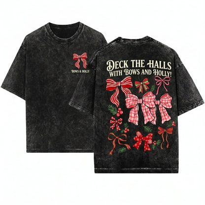Retro Plaid Deck The Halls Red Xmas Holiday Bows Clip Art Christmas Graphic Unisex Wash T-Shirt