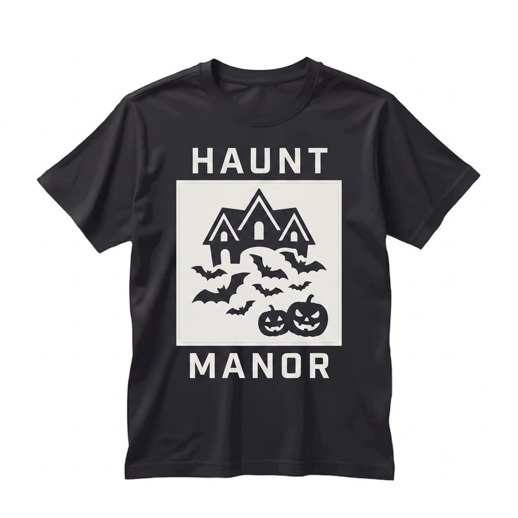 Retro Halloween Haunted House Front and Back Fall Autumn Bats Witches Skeleton Jack-O-Lanterns Unisex TShirt