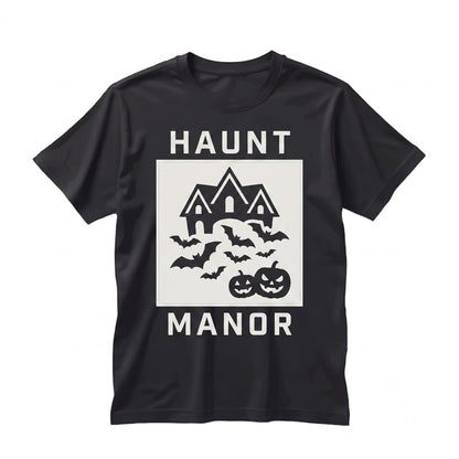 Retro Halloween Haunted House Front and Back Fall Autumn Bats Witches Skeleton Jack-O-Lanterns Unisex TShirt