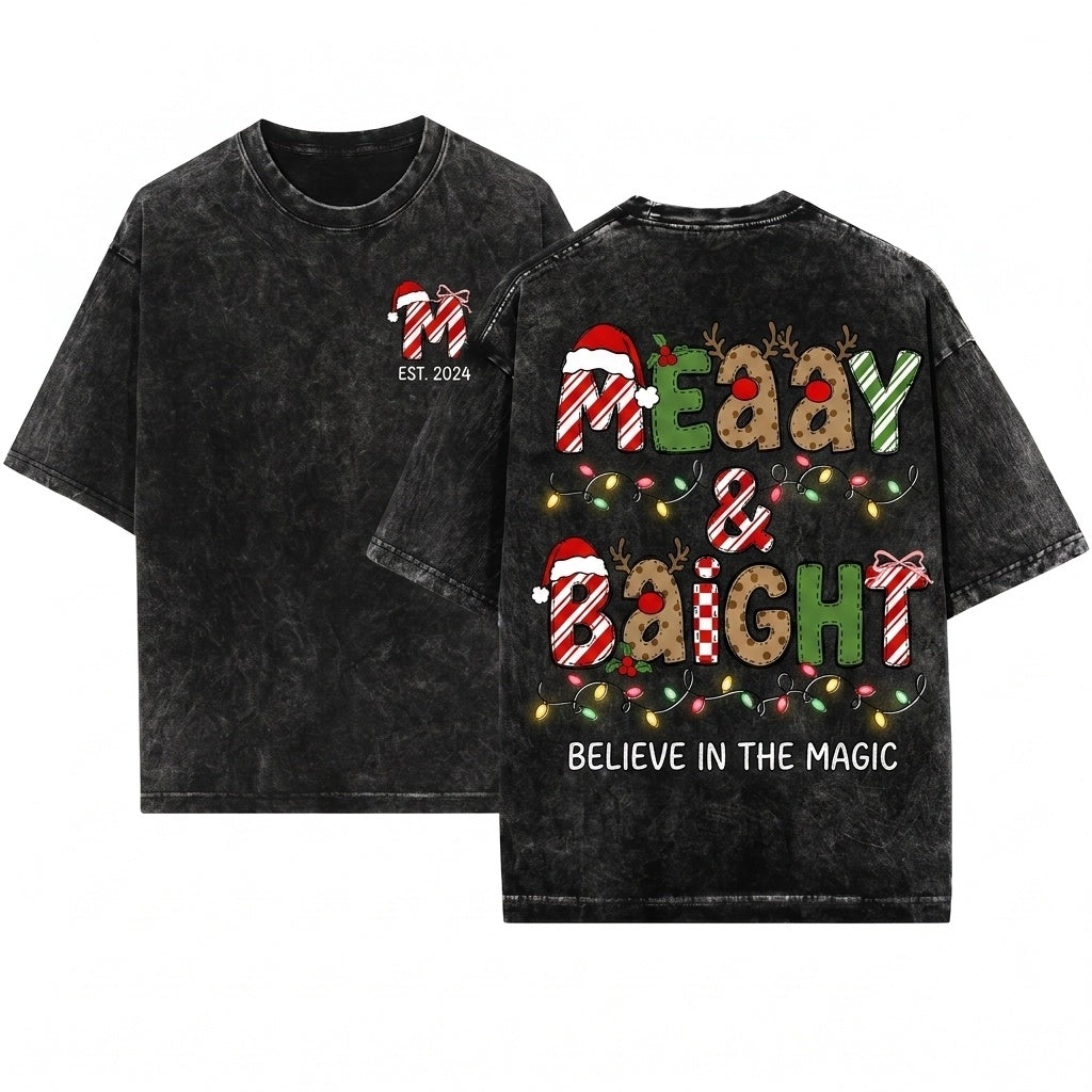 Custom Name Christmas Doodles Letters Santa Snowman Reindeer Matching Unisex Wash T-Shirt
