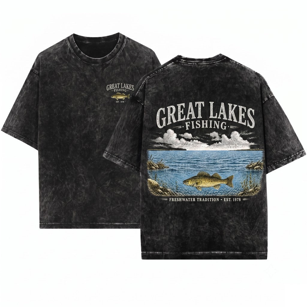 Great Lakes Fishing Retro 90s Freshwater Tradition Artistic Walleye Nature Top Vintage Fisherman Gift Unisex Wash T-Shirt
