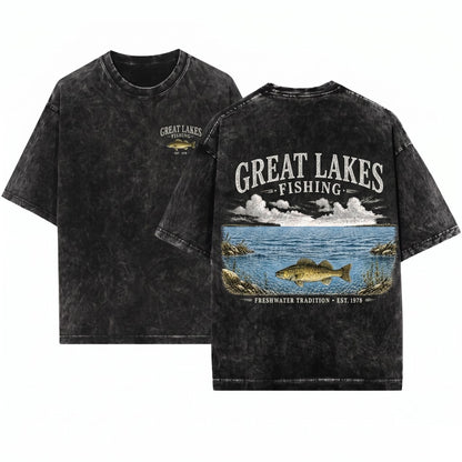 Great Lakes Fishing Retro 90s Freshwater Tradition Artistic Walleye Nature Top Vintage Fisherman Gift Unisex Wash T-Shirt