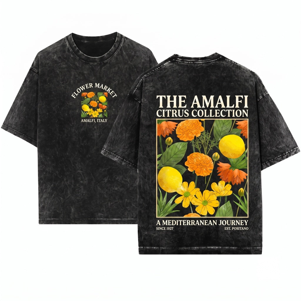 Amalfi Coast Italian Summer Flower Market Botanical Citrus 1717 Lemon Graphic Travel Unisex Wash T-Shirt
