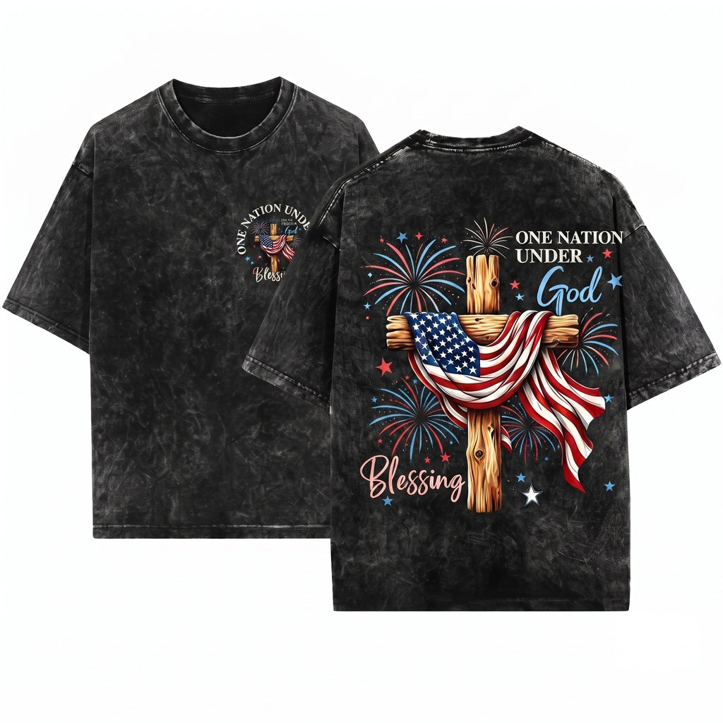 American Flag 250 Years Freedom Patriotic 4th July Firework USA God Blessing Unisex Wash T-Shirt
