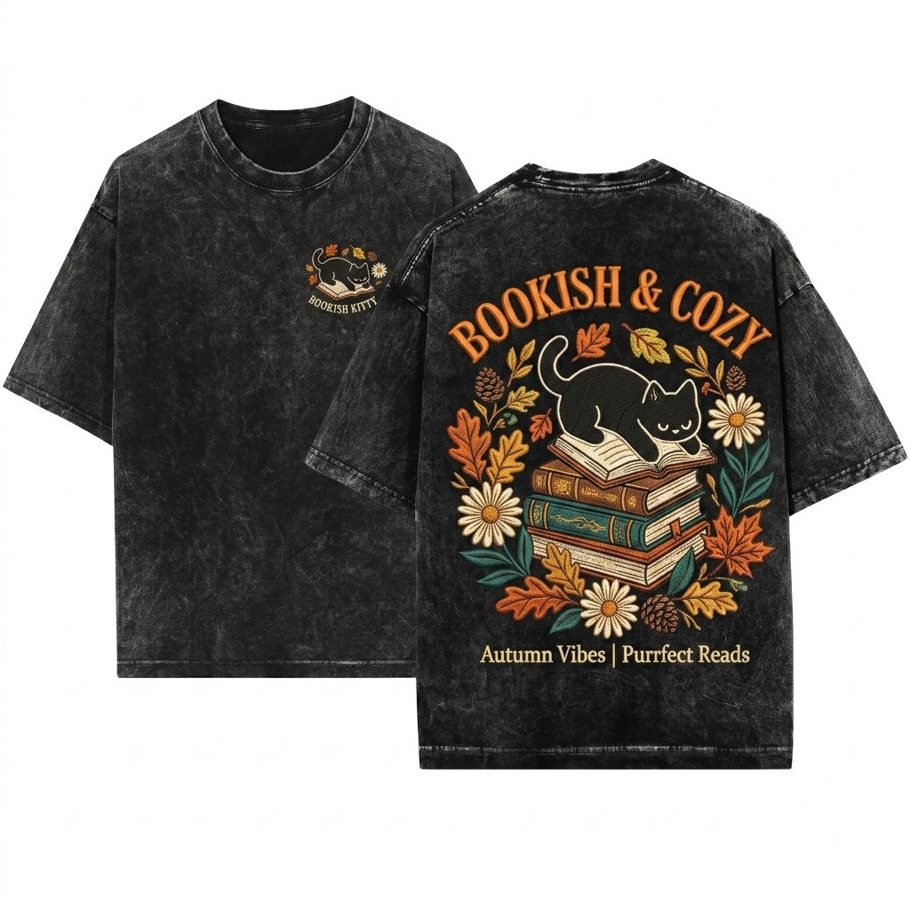 Embroidered Black Cat Napping on Book Cozy Autumn Leaves Literature Enthusiast Gift Unisex Wash T-Shirt