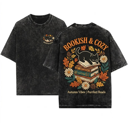 Embroidered Black Cat Napping on Book Cozy Autumn Leaves Literature Enthusiast Gift Unisex Wash T-Shirt