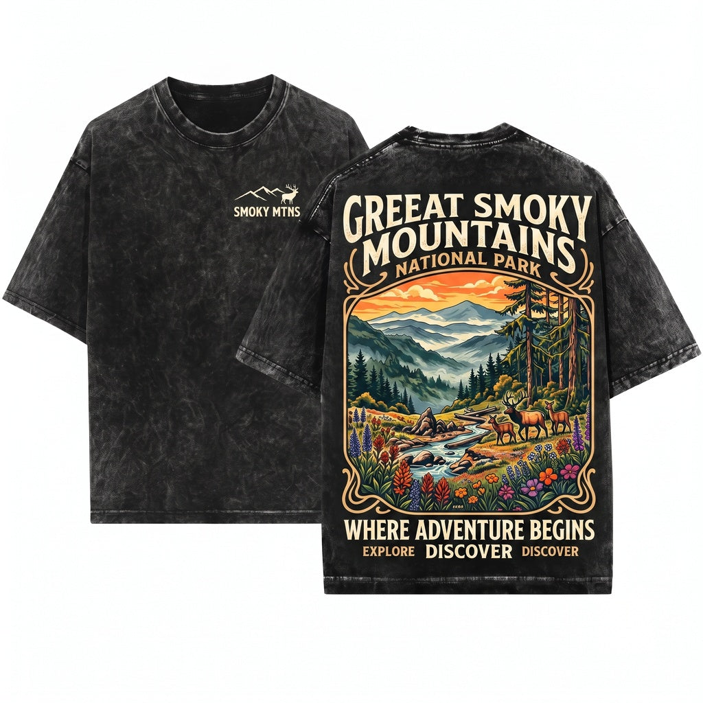 Great Smoky Mountains Tennessee Vintage Forest Wildlife Graphic Scenic Landscape Outdoor Aesthetic Gift Unisex Wash T-Shirt