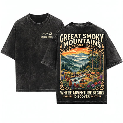 Great Smoky Mountains Tennessee Vintage Forest Wildlife Graphic Scenic Landscape Outdoor Aesthetic Gift Unisex Wash T-Shirt