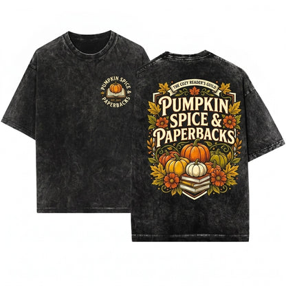 Pumpkin Spice Paperbacks Embroidered Fall Bookish Cozy Autumn Boo Basket Reader Unisex Wash T-Shirt