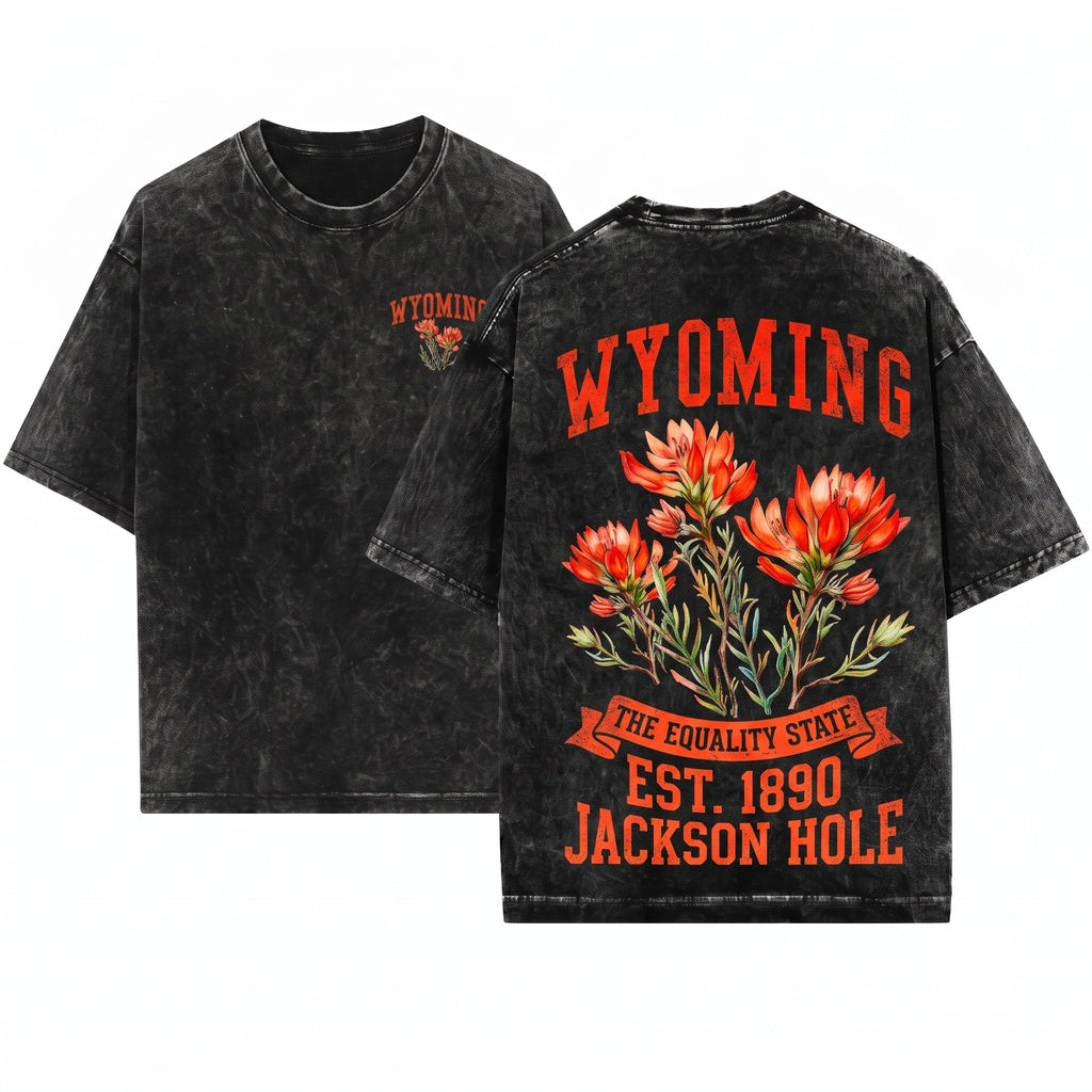 Wyoming State Flower Floral Crew Neck Indian Paintbrush Graphic Unisex Wash T-Shirt