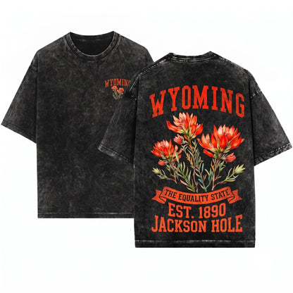 Wyoming State Flower Floral Crew Neck Indian Paintbrush Graphic Unisex Wash T-Shirt