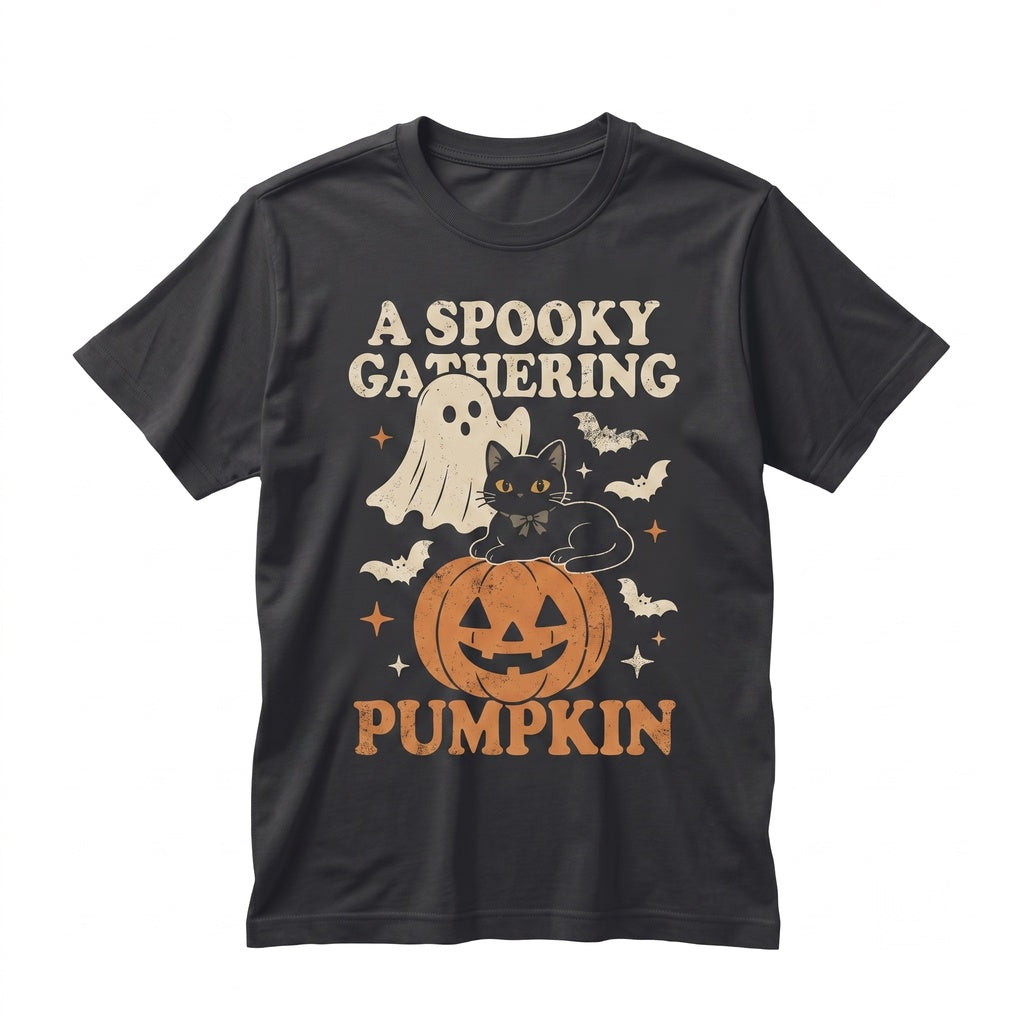 Cute Ghost Black Cat Halloween Pumpkin Bats Night Playful Spooky Aesthetic Gift Unisex TShirt
