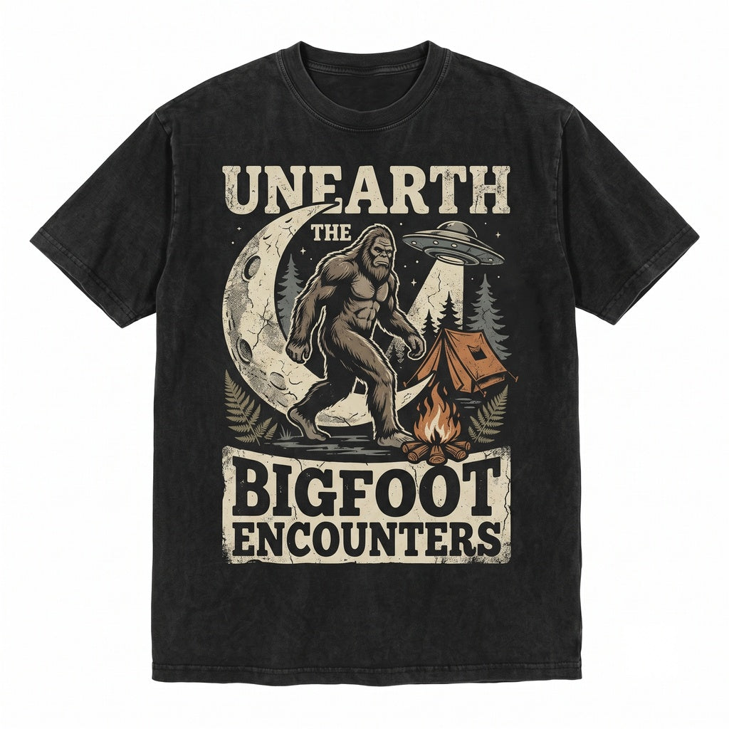 Bigfoot Camping UFO Moon Forest Campfire Graphic Sasquatch Cryptid Outdoor Adventure Gift Unisex TShirt