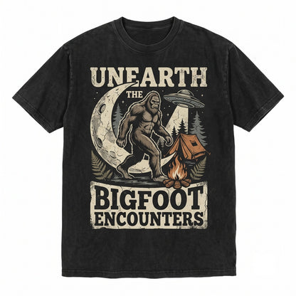 Bigfoot Camping UFO Moon Forest Campfire Graphic Sasquatch Cryptid Outdoor Adventure Gift Unisex TShirt