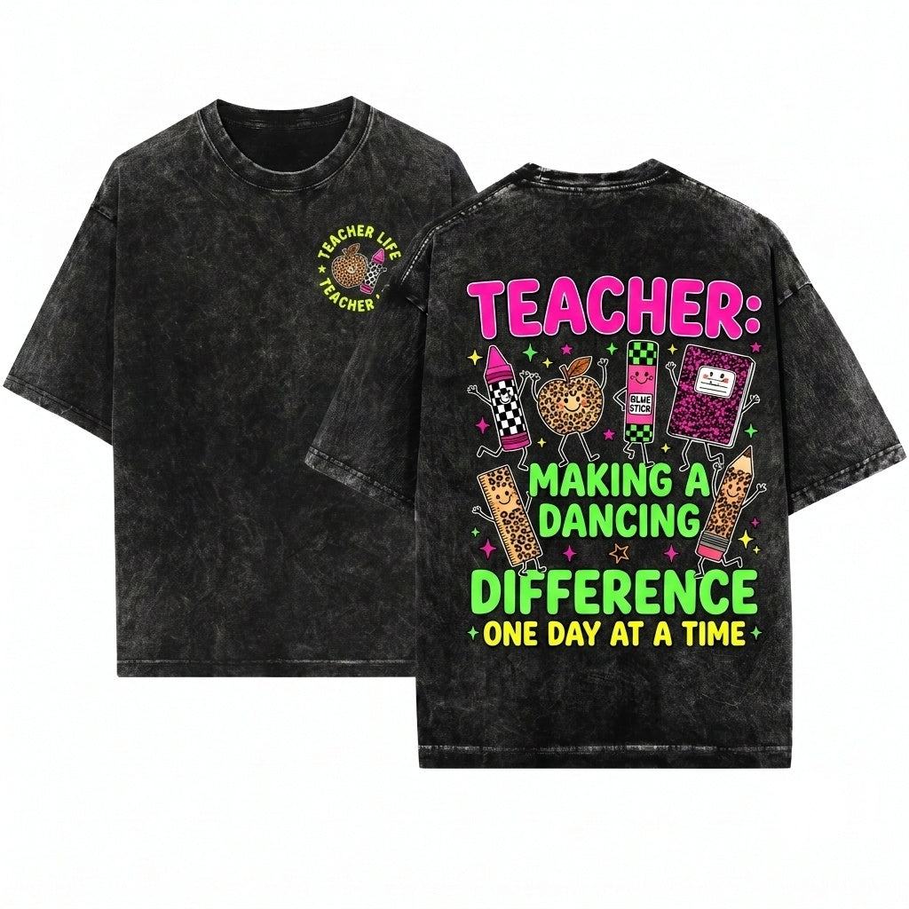 Custom Teacher Name Leopard Checkered School Supplies Back To Classroom Gift Unisex Wash T-Shirt