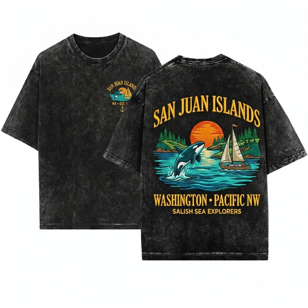San Juan Islands Washington PNW Orca Whale Coastal Nature Embroidered Unisex Wash T-Shirt