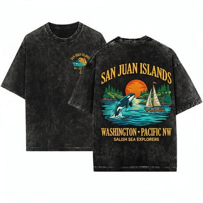 San Juan Islands Washington PNW Orca Whale Coastal Nature Embroidered Unisex Wash T-Shirt