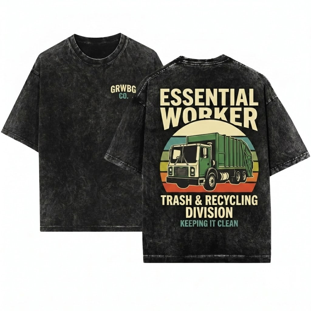 Retro Garbage Truck Sunset Waste Management Driver Sanitation Worker Collector Vintage Graphic Gift Apparel Unisex Wash T-Shirt