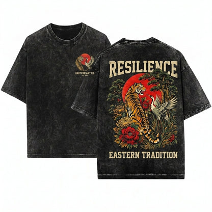 Retro Tiger Crane Japanese Wildlife Floral Vintage Asian Nature Style Animal Graphic Unisex Wash T-Shirt
