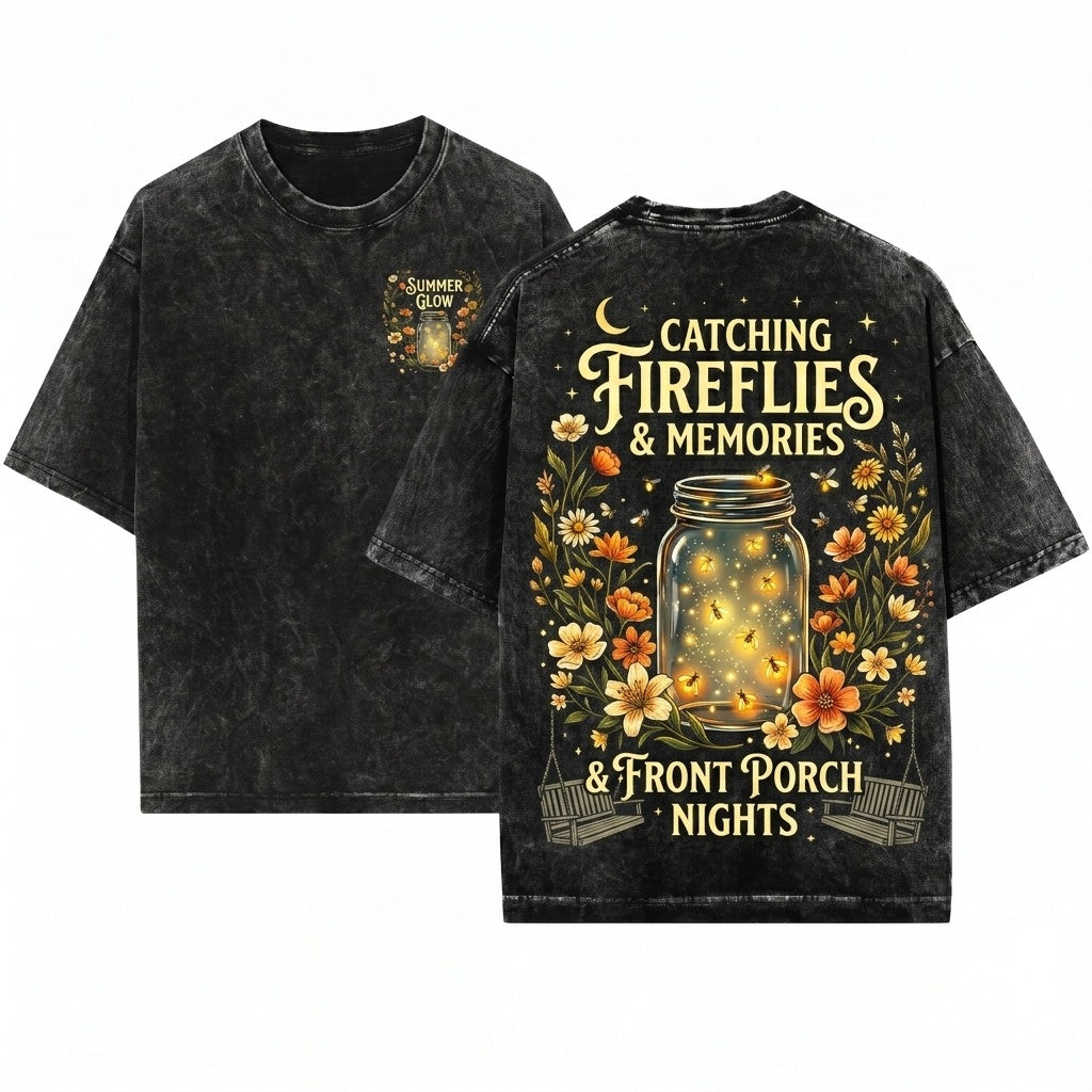 Fireflies Mason Jar Front Porch Summer Evening Floral Nights Unisex Wash T-Shirt