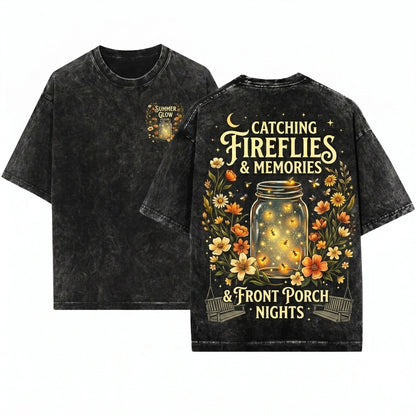 Fireflies Mason Jar Front Porch Summer Evening Floral Nights Unisex Wash T-Shirt