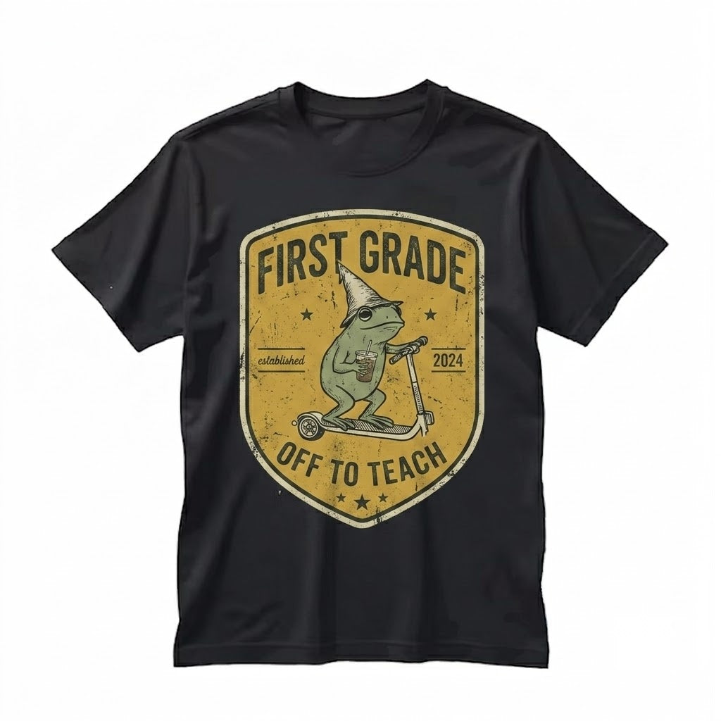Cute 1st Grade Elementary Teacher Back to School Silly Frog Iced Coffee Unisex TShirt