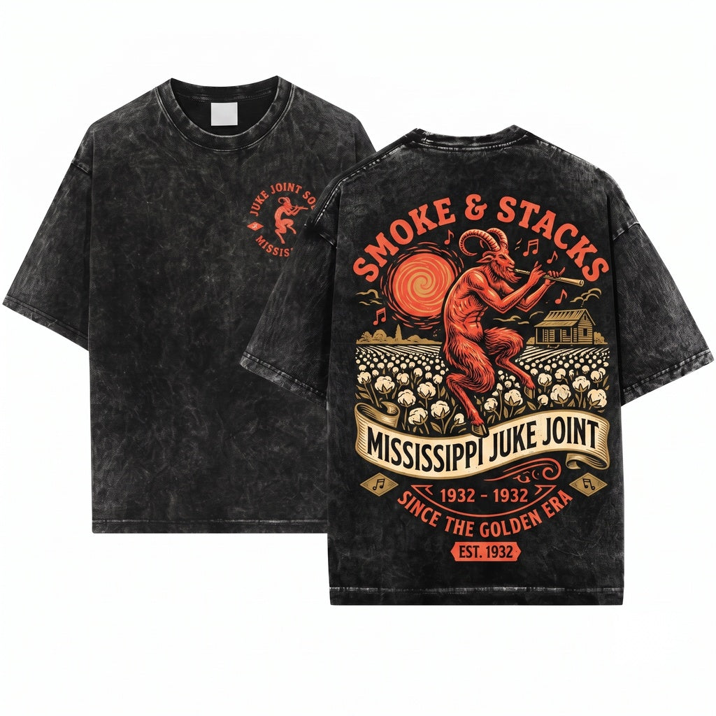 Smoke & Stacks Juke Joint Logo Vampire Horror Movie Graphic Vintage Unisex Wash T-Shirt