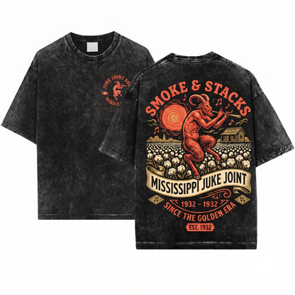 Smoke & Stacks Juke Joint Logo Vampire Horror Movie Graphic Vintage Unisex Wash T-Shirt