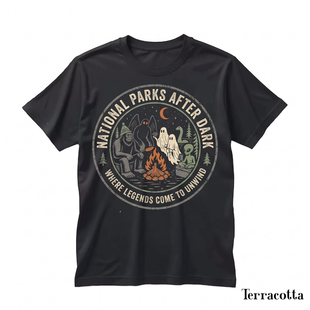Wilderness Park Cryptid Camping Bigfoot Mothman Ghost Alien Graphic Unisex TShirt