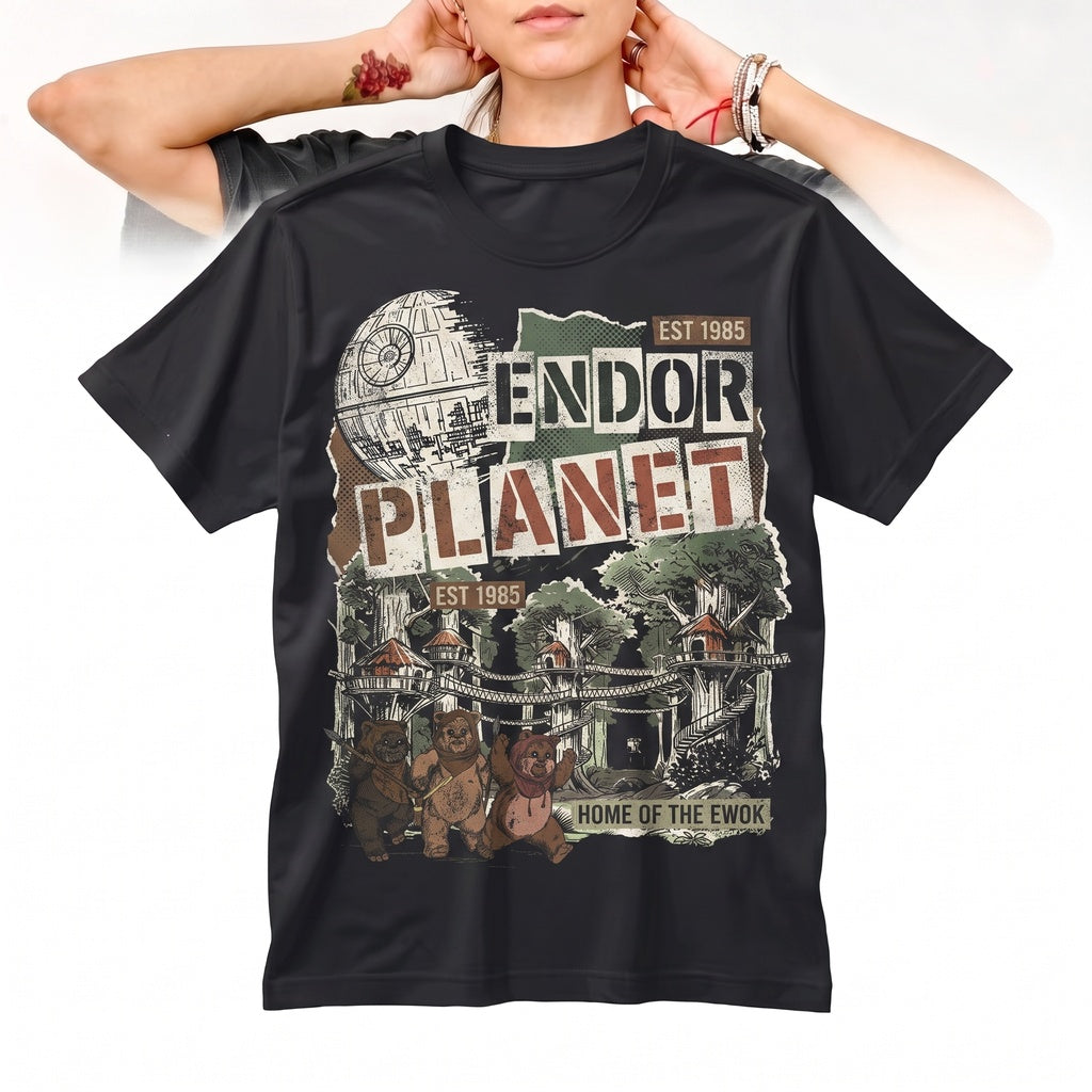 Vintage Forest Moon of Endor Ewok Planet Graphic Retro SciFi Theme Park Family Vacation Apparel Unisex TShirt