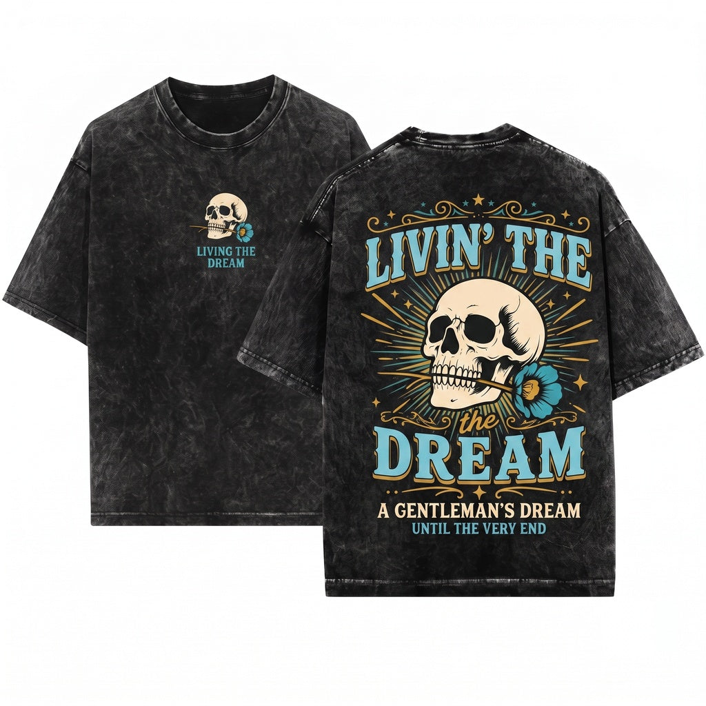 Livin The Dream Vintage Retro Skull Biker Graphic Rock Style Gift Unisex Wash T-Shirt