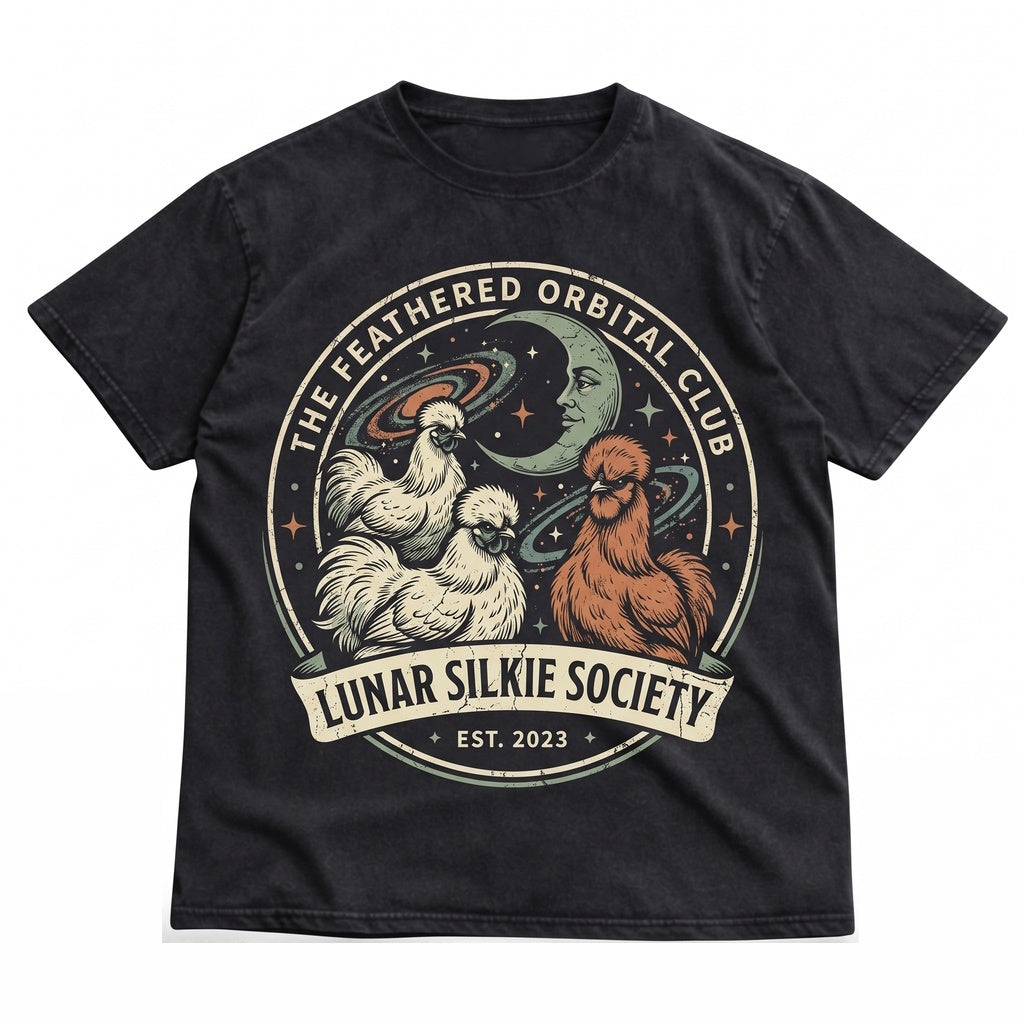 Vintage Three Silkie Chicken Moon Graphic Retro Funny Oversized Unisex TShirt