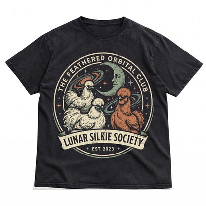 Vintage Three Silkie Chicken Moon Graphic Retro Funny Oversized Unisex TShirt