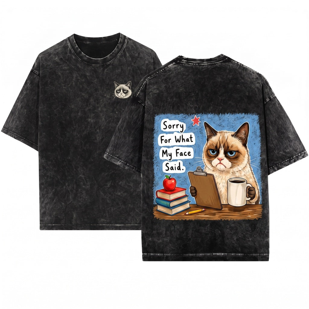 Funny Grumpy Cat Teacher Sorry For What My Face Said Sarcastic Classroom Humor Gift Unisex Wash T-Shirt